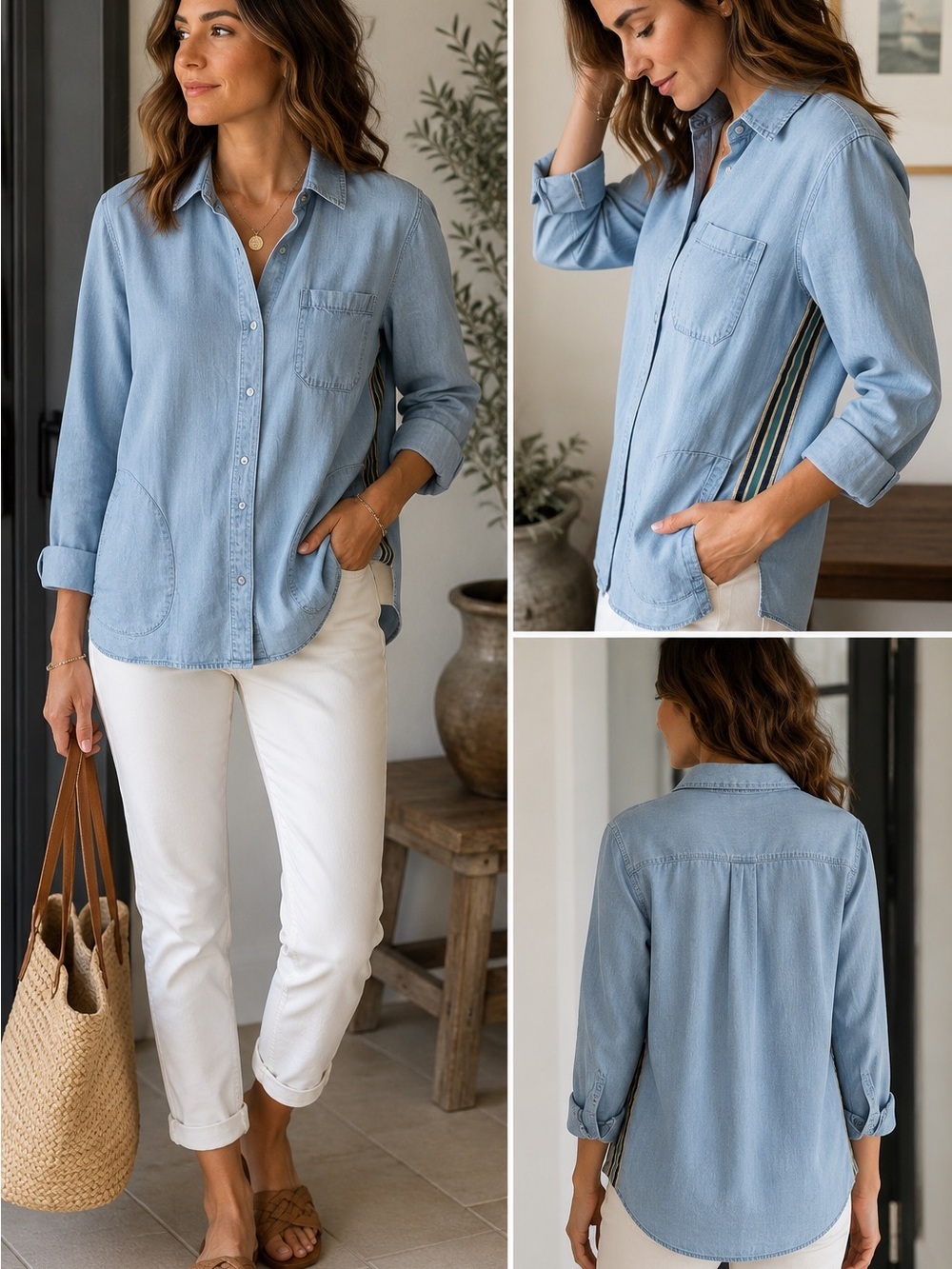 Joan Rivers Chambray Button Front Utility Shirt Blue Cotton Stripe Trim Size M